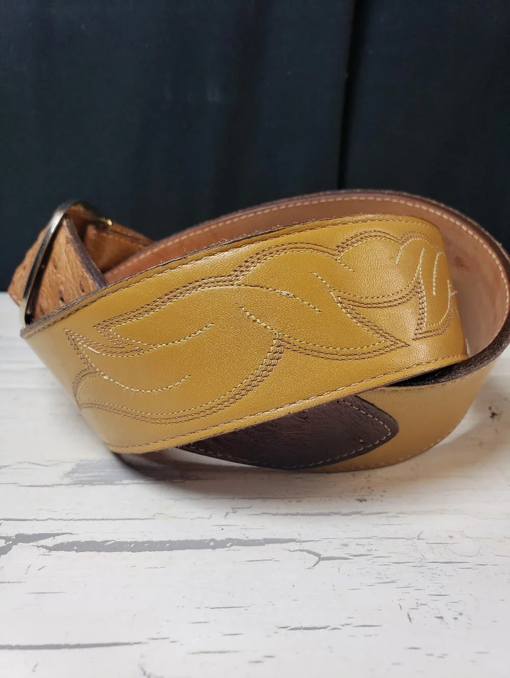 Justin Ostrich & Calfskin Leather Belt in Mustard Tan - Men's or Women's size 36